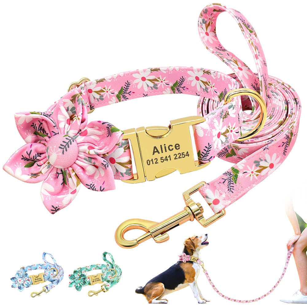 Flower Print Dog Collar And Leash Set Personalized