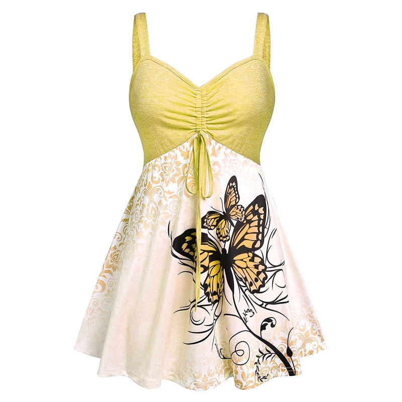Butterfly Print Ruched Drawstring pleats Mini Dress