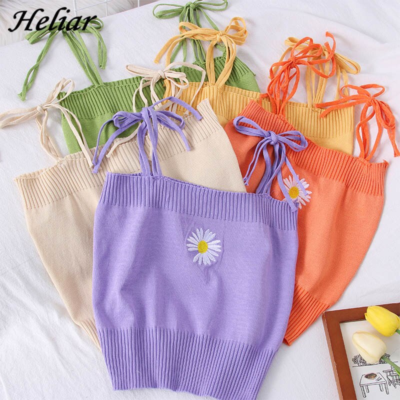 Flower Embroidery Straps Sweet Crop Tops